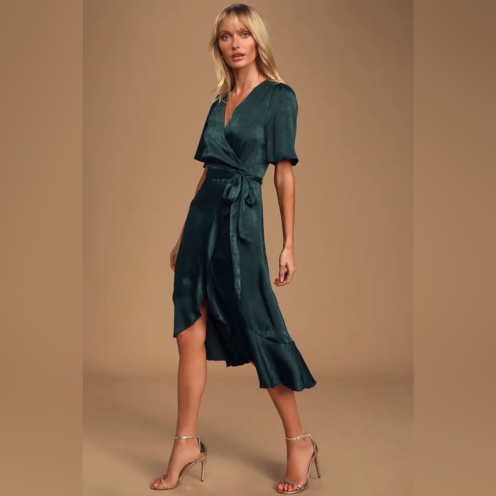 Wrapped Up In Love Dark Green Satin Faux-Wrap Midi Dress